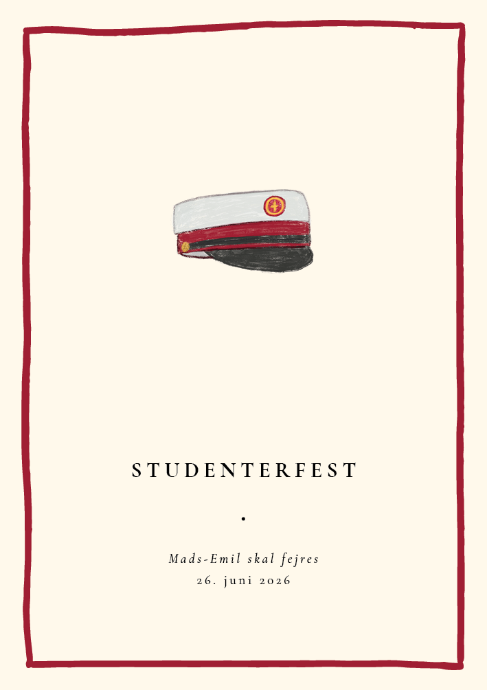 
                Byd dine gæster til din studenterfest med denne skønne invitation. Den flotte Illustration af studenterhuen er håndtegnet med blyant. Invitaitonen kan udnyttes både på forside og bagside med dit personlige budskab. Skab en rød tråd til din studenterfest med matchende bordkort, menukort, gæstebøger og meget mere.                